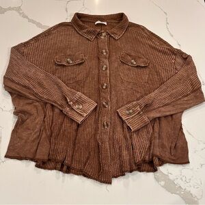 Zenana Thermal Button Down Shirt Womens Size L / XL Brown Cotton Waffle Stretch